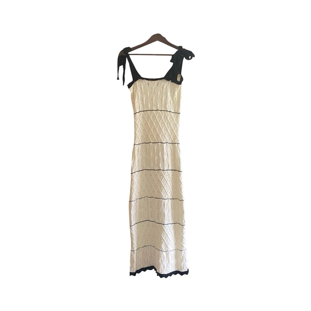 Capittana Knit Maxi Dress M/L Cream Black Tie Shoulder Sleeveless Crochet Beach